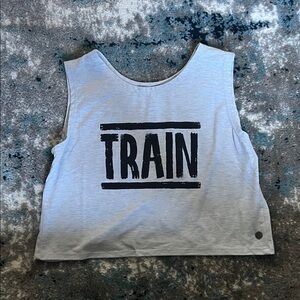 NEW - Gray Crop Top with 'TRAIN' Graphic and Open Back